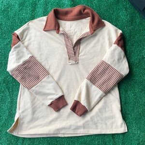 Cream and Brown Rugby-Style Men's Pullover Sweater